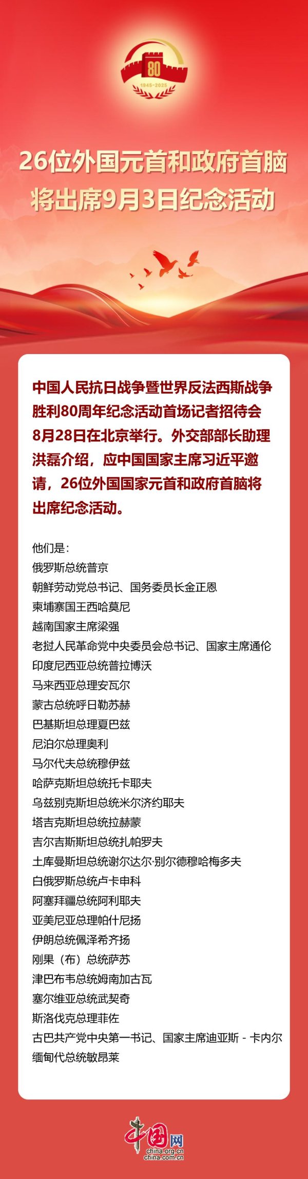 配资预警网 26位外国元首和政府首脑将出席9月3日纪念活动